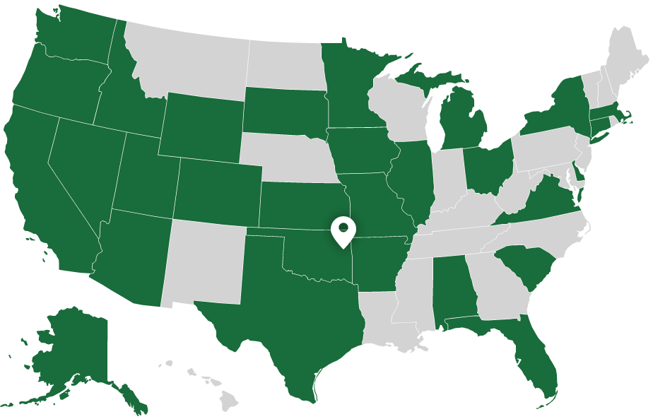 map of state we serve - AK, AL, AR, AZ, CA, CO, CT, DE, FL, IA, ID, IL, KS, MA, MI, MN, MO, NV, NY, OH, OK, OR, SC, SD, TX, UT, VA, WA, WY